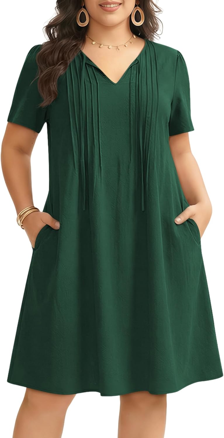 Manllenshie Women's Plus Size Casual Work Business Daily Dress Summer Short Sleeve V Neck Pleat Dresses with 2 Pockets