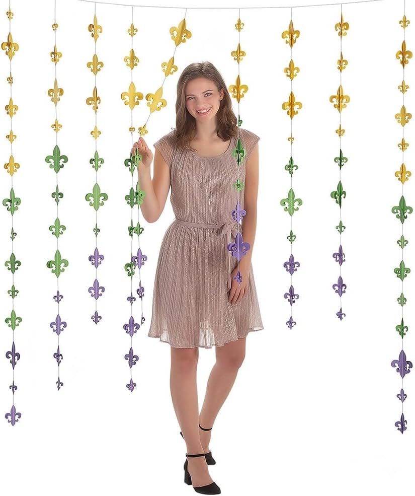 Fun Express Mardi Gras Hanging Fleur de Lis Curtain Backdrop – Vibrant Metallic Gold & Purple Design – Mardi Gras Parties Parades Events – Elegant Party Decor Doorways Windows – 36" x 72" – 1 Piece