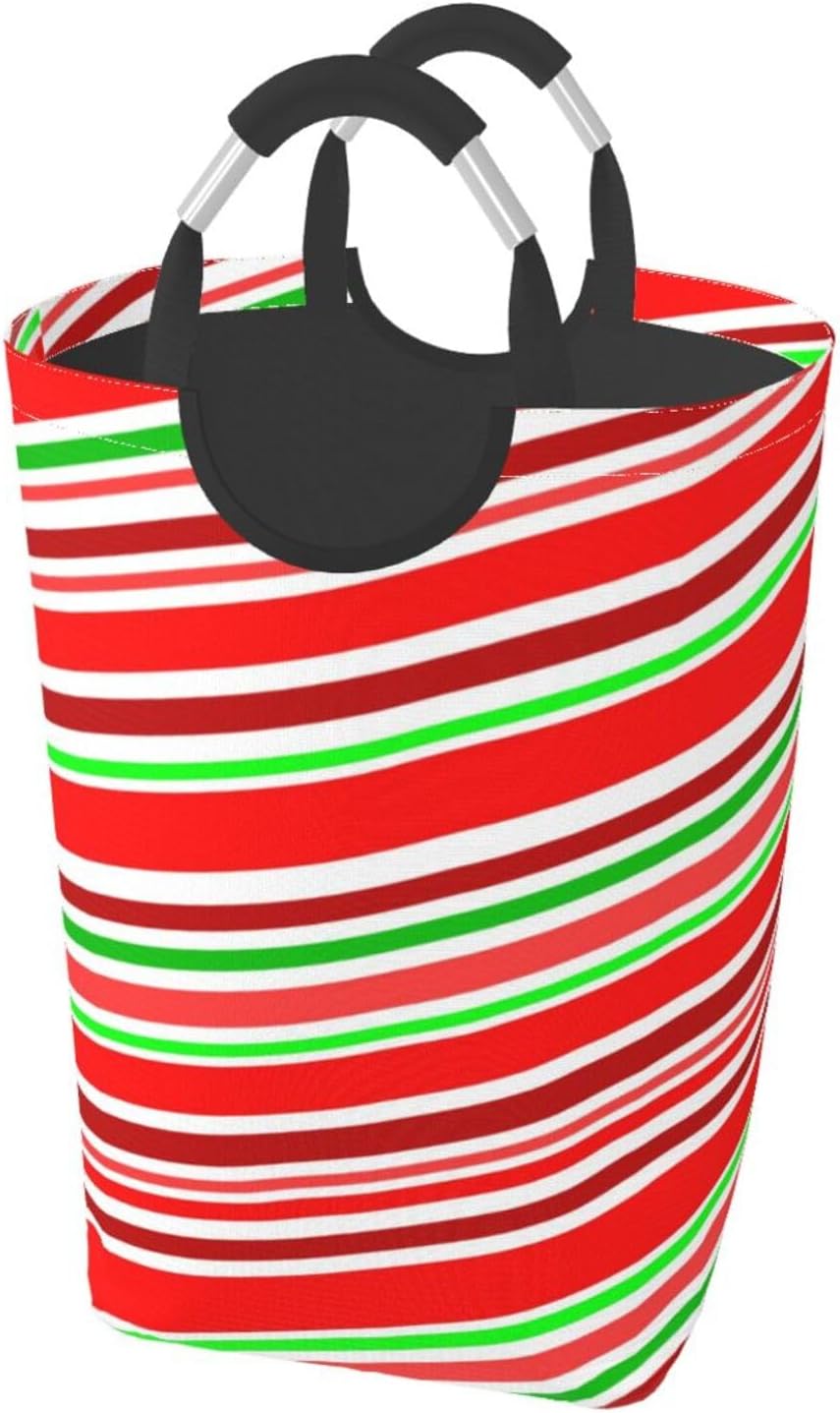 Large Laundry Basket, Red White Green Candy Stripe Laundry Hamper Bag Collapsible Washing Bin With Handles for College Dorm, Family Essentials Storage