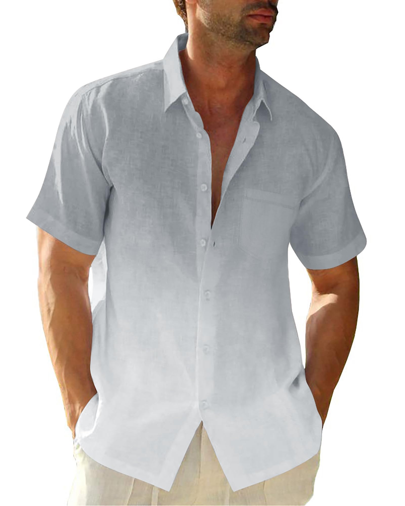 Mens Gradient Linen Shirts Casual Button Down Short Sleeve Beach Summer Shirts