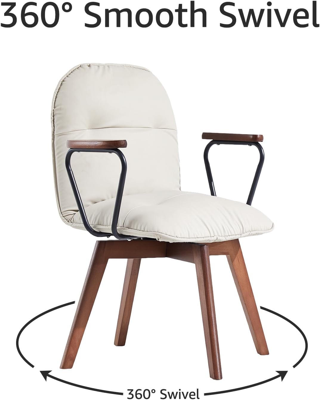 zyz Mid Century Modern Accent Chair, Solid Wood Arms & Legs, 360° Swivel Desk Chair No Wheels, Upholstered Vanity Chair, PU Leather Armchair for Home Office Living Room Bedroom (Khaki, Set of 2)