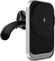 Geonav Carregador Veicular Magnético por Indução até 15W, compatível MagSafe (iPhones a partir do 12) ou anel magnético (Android ou iPhones mais antigos), CHV15MAG, Cinza e Preto