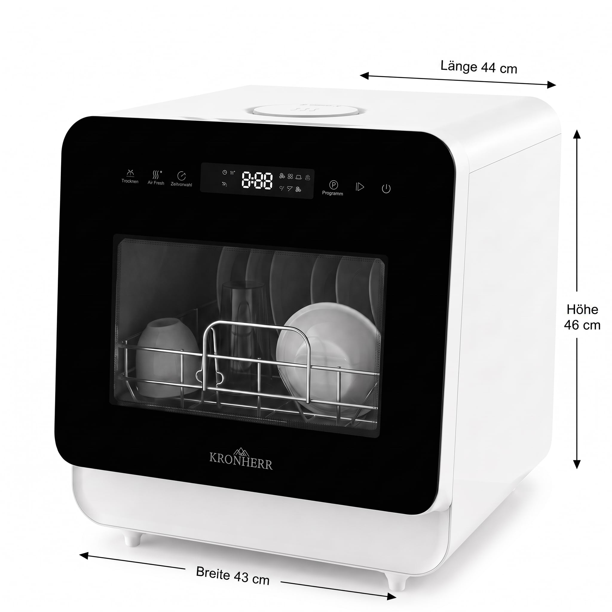 TurboTop Compacta Mini‑Tischgeschirrspüler 5L mit Tank, Weiß mit schwarzer Glasfront – Touch‑Display, 6 Programme (inkl. Trocknen) + Air‑Fresh, Startzeitvorwahl, Sichtfenster, Geschirrkorb