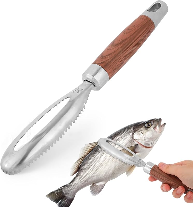 Removedor de escamas de pescado con mango de madera, herramienta raspadora descalcificadora de pescado de acero inoxidable con borde dentado, herramienta de limpieza de mariscos para el hogar, cocina, pesca y barbacoa al aire libre