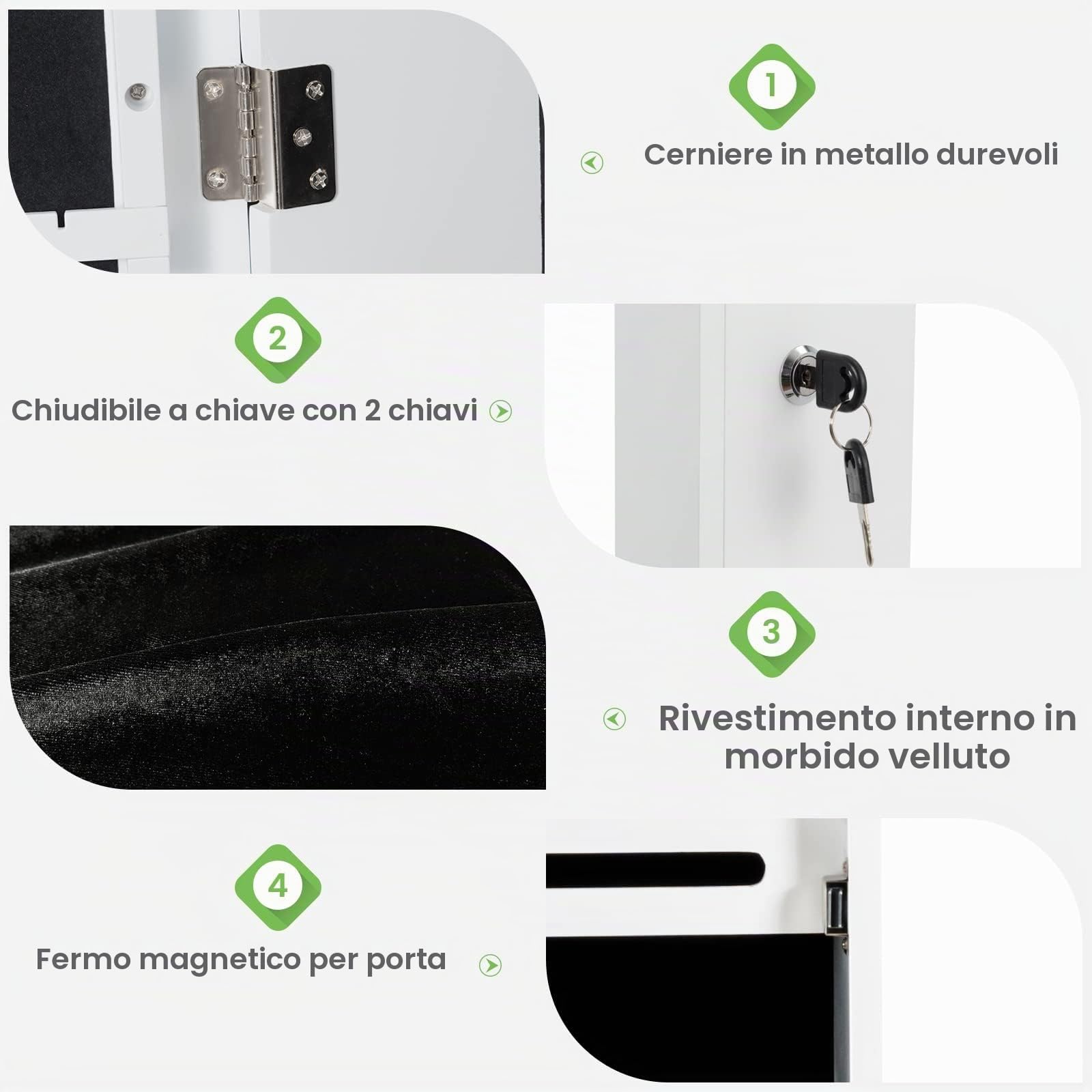 FANTASK Armadietto per gioielli da appendere, con illuminazione a LED, specchio e 6 cassetti, pensile per montaggio a porta e parete, per gioielli e cosmetici, bianco