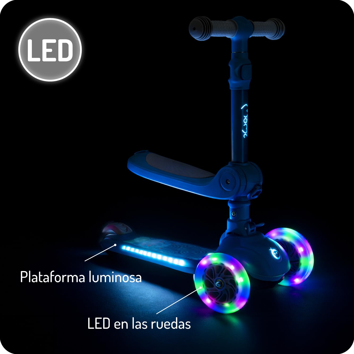 MoMi Debe Roller para niños de 1 año hasta 50 kg – Scooter 2 en 1 con Asiento Plegable – Patinete Infantil con 2 Altura Ajustable – Patinete Plegable para Interior y Exterior – 3 Ruedas LED