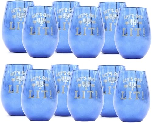 Lets Get Lit - Vaso de vino de Hanukkah sin tallo con motivo de Menorah acabado de espejo juego de 12