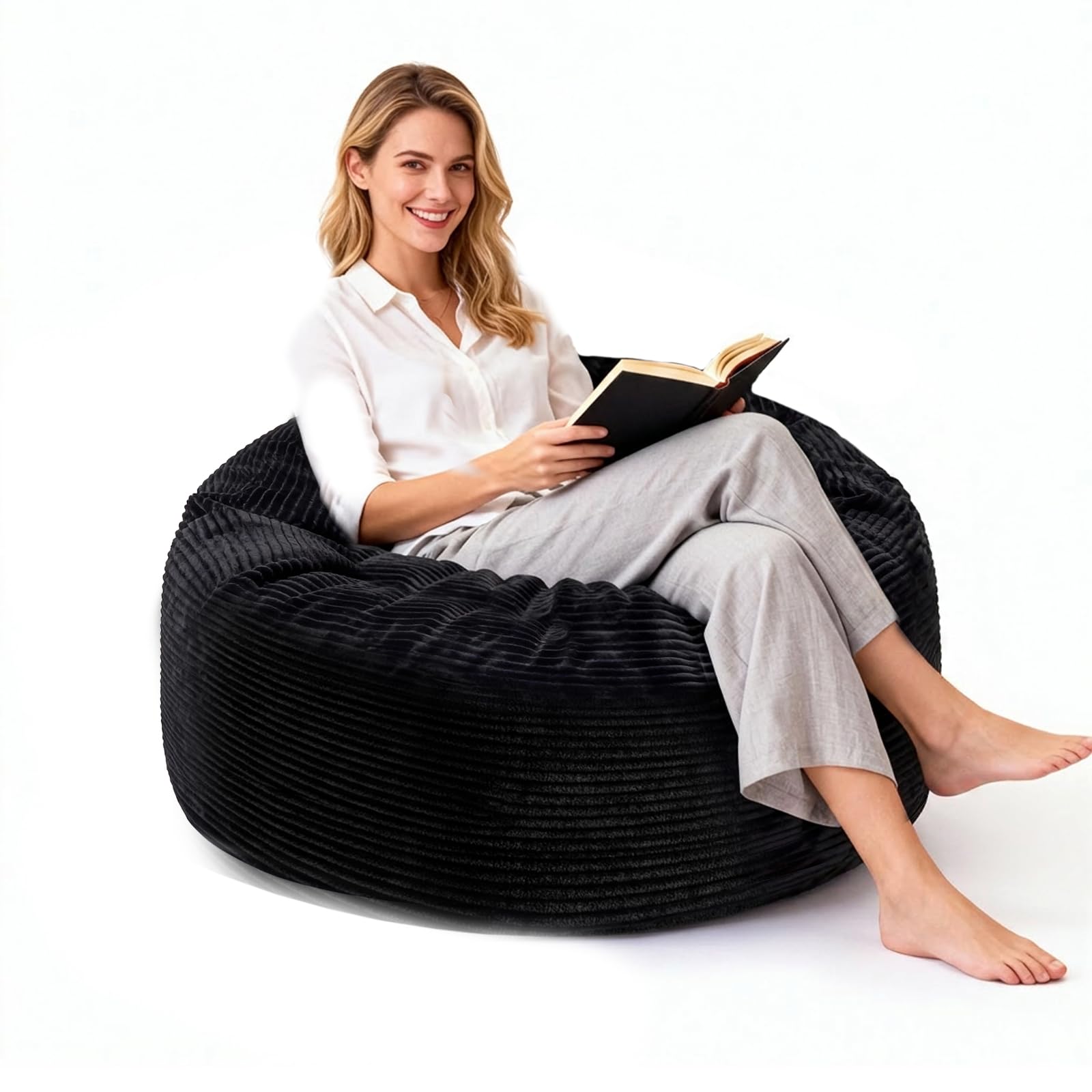 Bean Bag Chairs for Teens, 3FT Bean Bag with Memory Foam Filling, Bean Bag Chairs with Plush Microfiber Removable Cover, Cozy Sofa for Reading, Gaming- Black