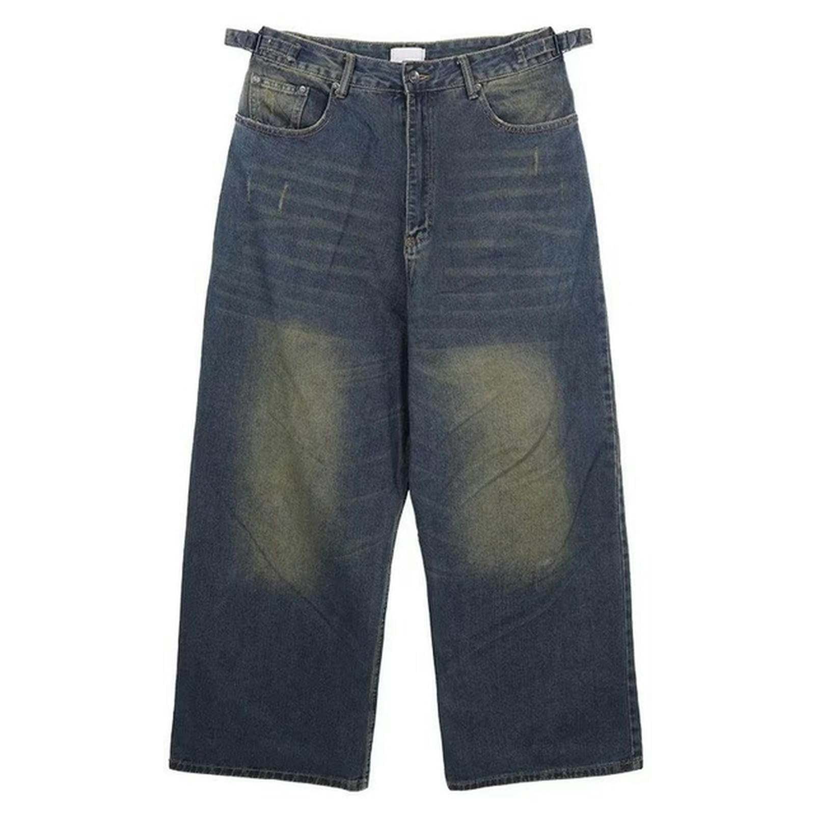 FRESQA Men Baggy Jeans Streetwear Adjust-Waist Wide Leg Y2k Vintage Denim Pants Oversized Hip Hop Trousers 2023 Pants for Man