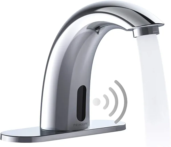 PRIMSOPH Automatic Motion Sensor Hands Free Electronic Infrared Smart Commercial Touchless Bathroom Sink Faucet with Cover Plate Temperature Mixer Battery or Plug-in Powered Chrome