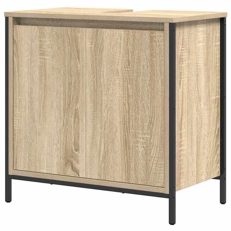 Eleganz Armario para lavabo de roble Sonoma, 60 x 34,5 x 60 cm, juego de muebles de baño de madera y acero, estable y duradero, ahorra espacio para baños pequeños