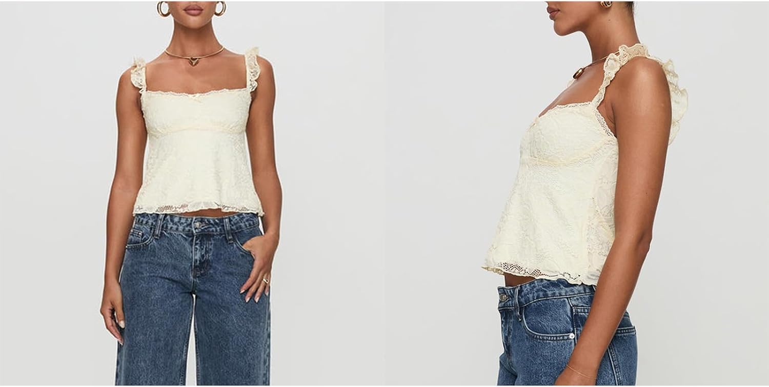 Women Y2k Lace Trim Fairycore Tank Tops Teen Girl Solid Sleeveless Going Out Streetwear Summer Crop Camisole - Image 8