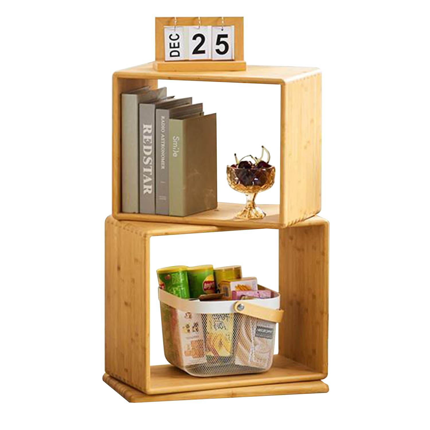 P.F.S. STACKING BOOK CASE Lサイズ × 2set 2-Tier Modern Rotating Bamboo Bookcase, DIY Free-Standing