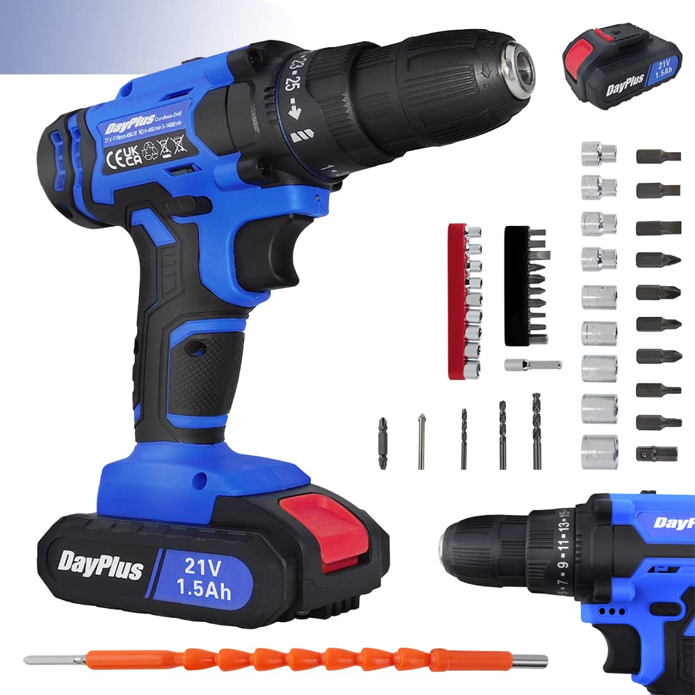 21V Cordless Drill 1500mAh Li-Ion Combi Drill, 25+1 Torque Screwdriver Drill, 45 N.m Max Portable Drill Driver, 26Pcs Drill Set w/Carry Case & LED, Battery Drill for Home DIY, Concrete, Ceramics