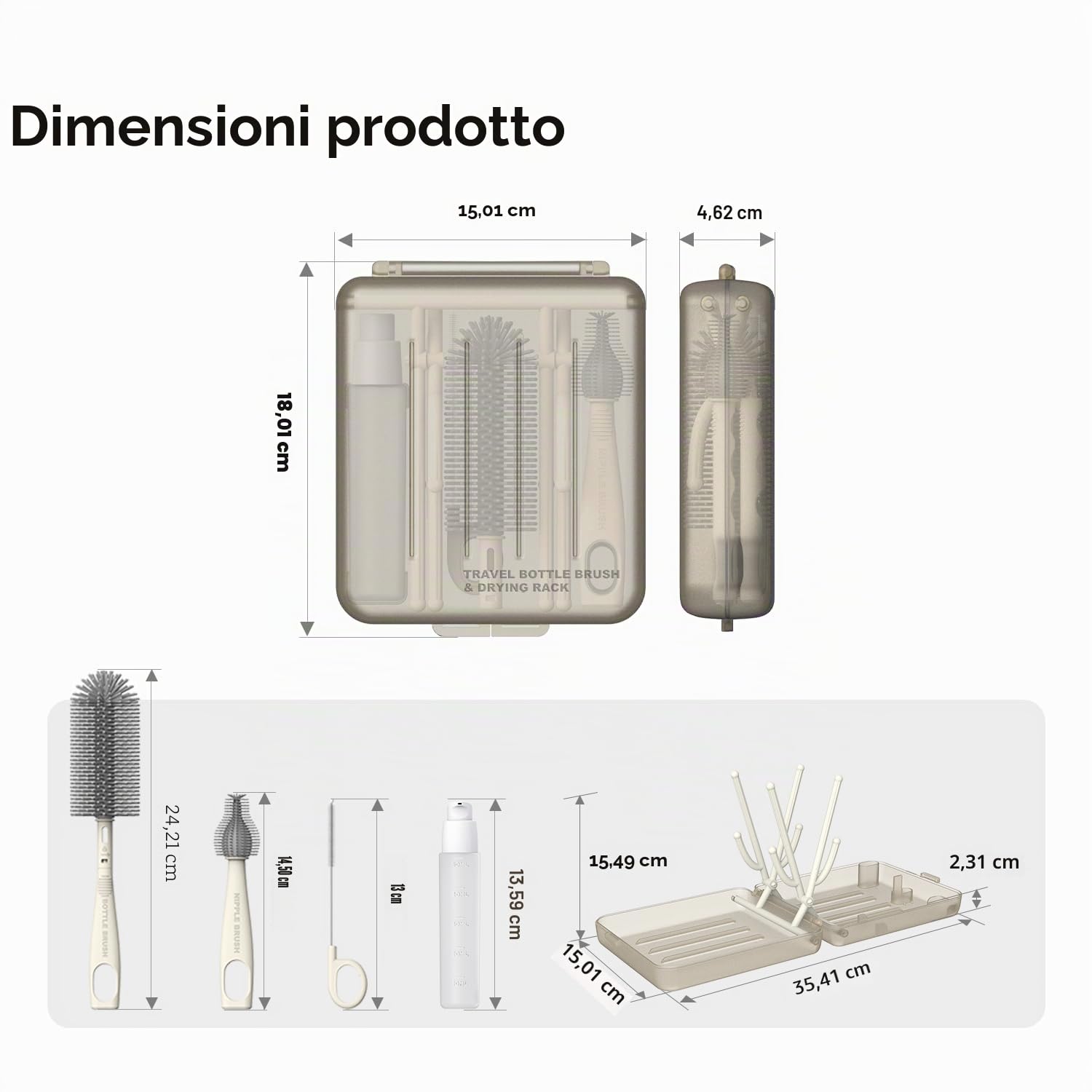 YOTIME Set Spazzole Biberon Viaggio con Scola Biberon Pieghevole, Apertura Automatica & Fessure di Asciugatura Verticale, 3 Spazzole + Dispenser, Essentials per Genitori in Viaggio, Caffè Chiaro