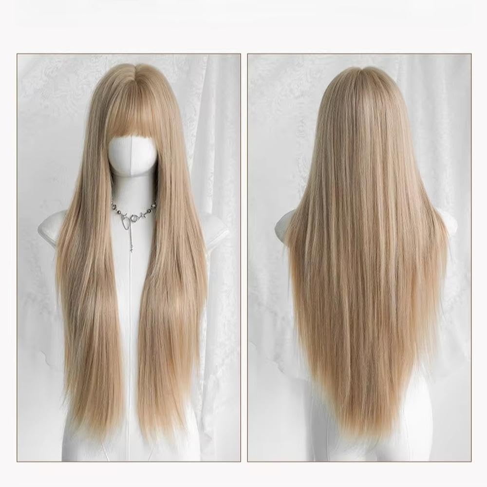 Haarpflege 28-Zoll-blonde Lange Geschichtete Gerade Perücken Für Frauen Superlange Gerade Perücke Mit Pony Hitzebeständige Faserperücken
