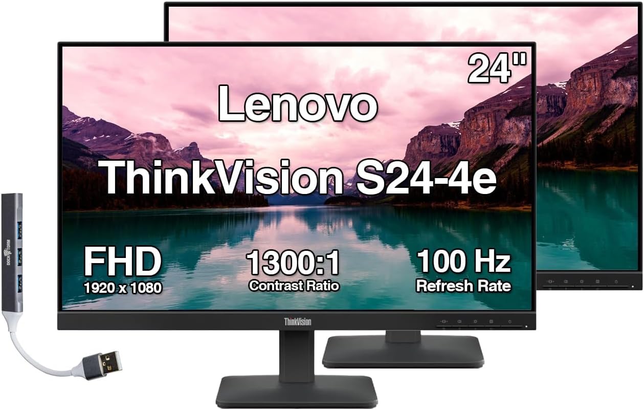 Lenovo ThinkVision S24-4e 24" FHD IPS Monitor w/ 4ms Response Time, 100 Hz Refresh Rate, Flicker Free, Anti-Glare, VESA Mount (100mm), HDMI & DKZ USB Port Expander, Black (64B5KAT1UZ) 2 Pack