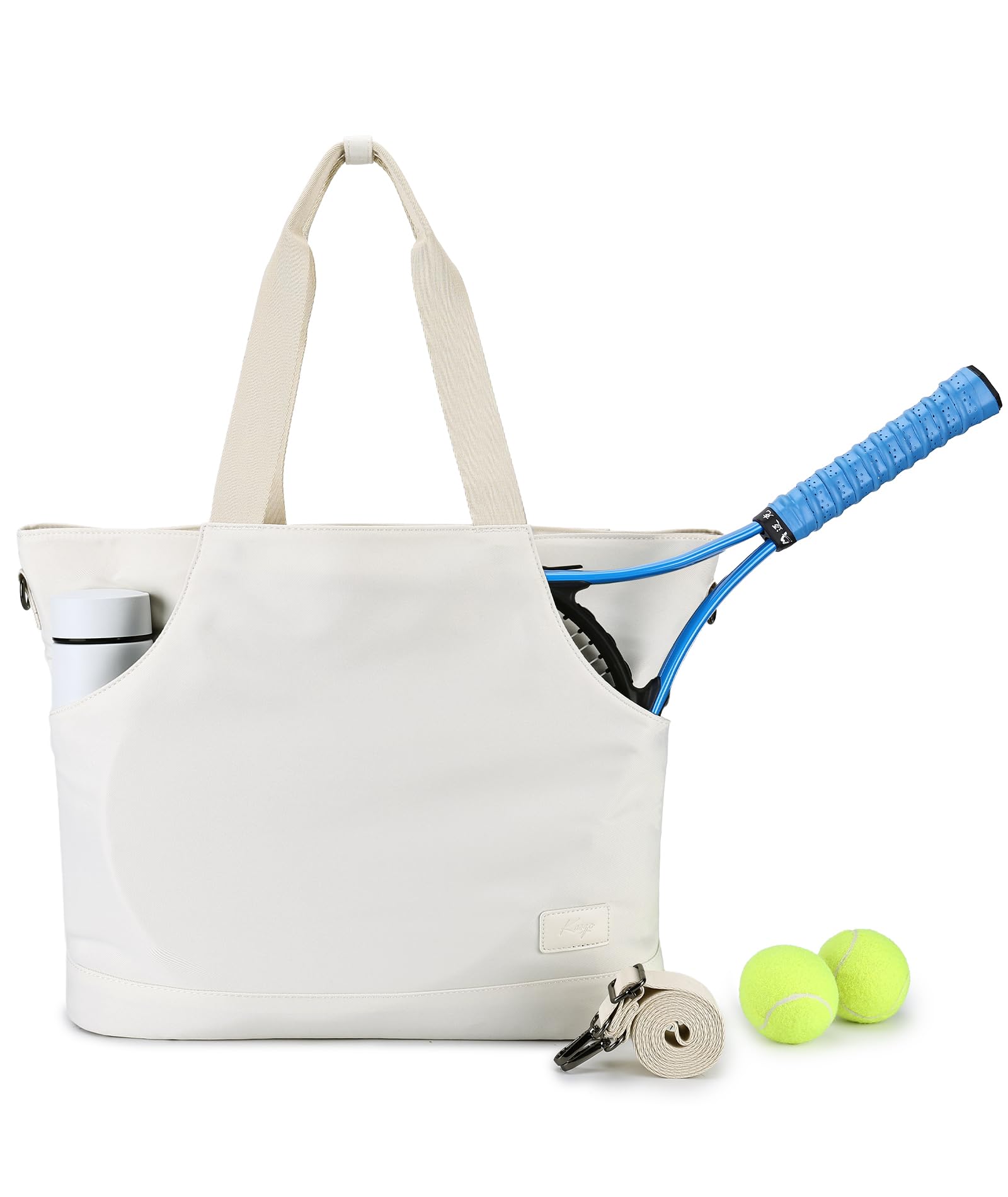 Kasgo Tote Bag for Women, 21L Large Padel Tennis Pickleball Bag Anti-Theft Crossbody Shoulder Handbag with Water Bottle Holder & Detachable Strap for Gym Sport Travel Work Beige
