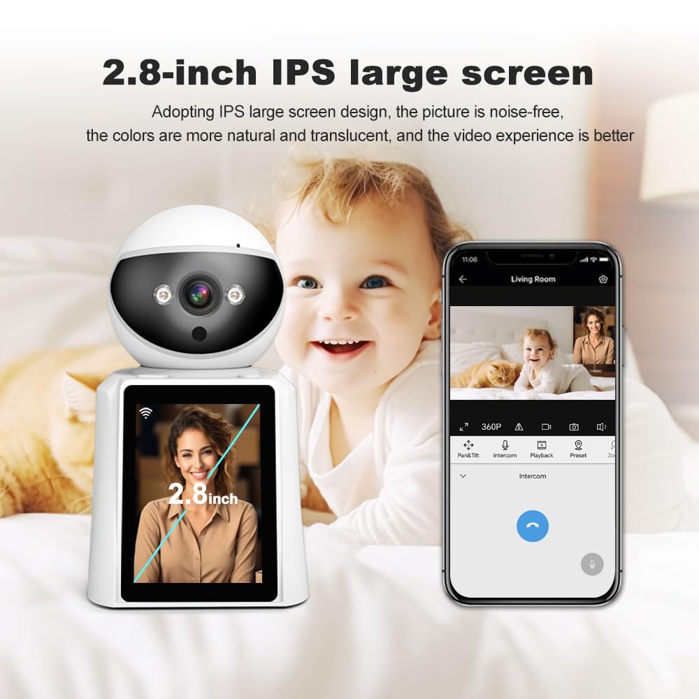 SRIHOME PTZ Surveillance Camera, 1080P FHD, con schermo da 2,8 pollici, videochiamate bidirezionali e chiamate vocaliRilevamento umanoide, Night Vision, monitoraggio remoto, uso interno