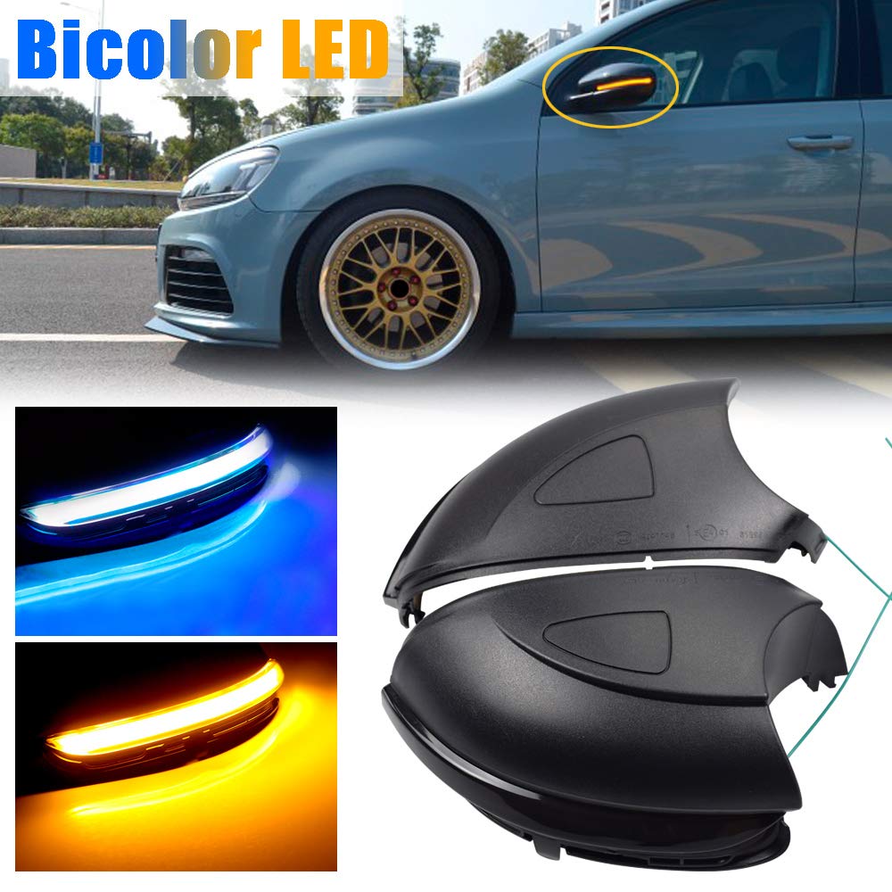 Hacreyatu Sequential Led Side Mirror Turn Signal Light Indicator Smoked Lens (L&R) For VW Golf 6 MK6/ Golf G-TI 6 /R20 2008-2012 (Yellow-blue, no holes)