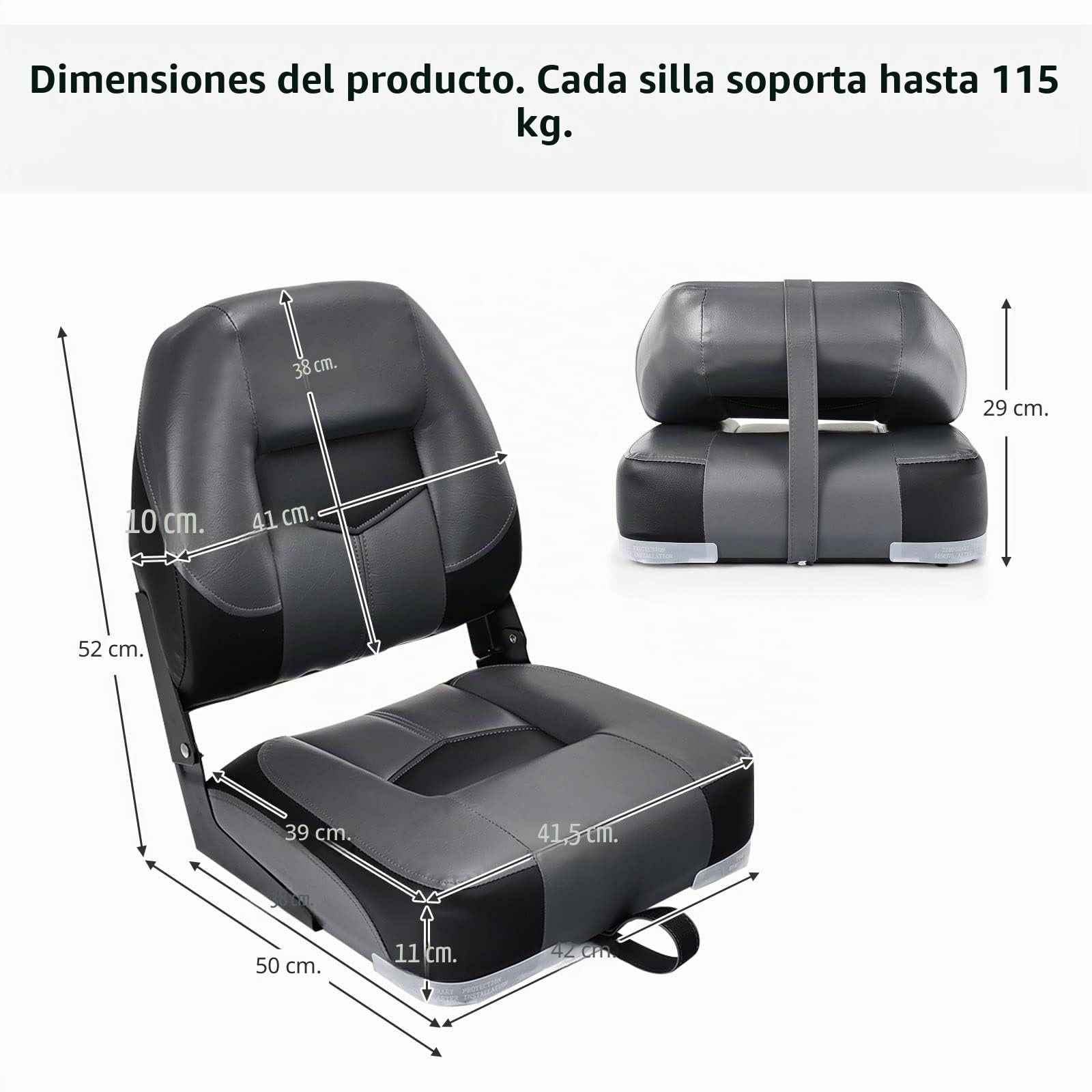 GOPLUS Juego de 2 Asientos de Barco, Silla Plegable para Barco Impermeable, Asiento Yate Ergonómico con Correas y Tornillos de Fijación, 42 x 50 x 52 cm, para Pescar, Pilotaje, Barco de Pesca (Negro)
