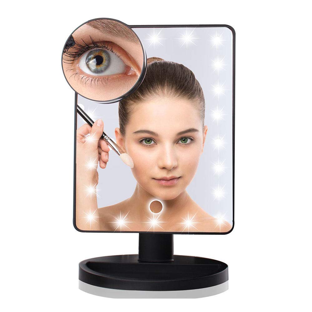 Makeup Mirror with Light, 16/22 LED Cosmetic Mirror with 10X Magnification Mirror，Touch Screen Dimming, Dual Power Supply, High Definition LED Mirror,Black-16lights