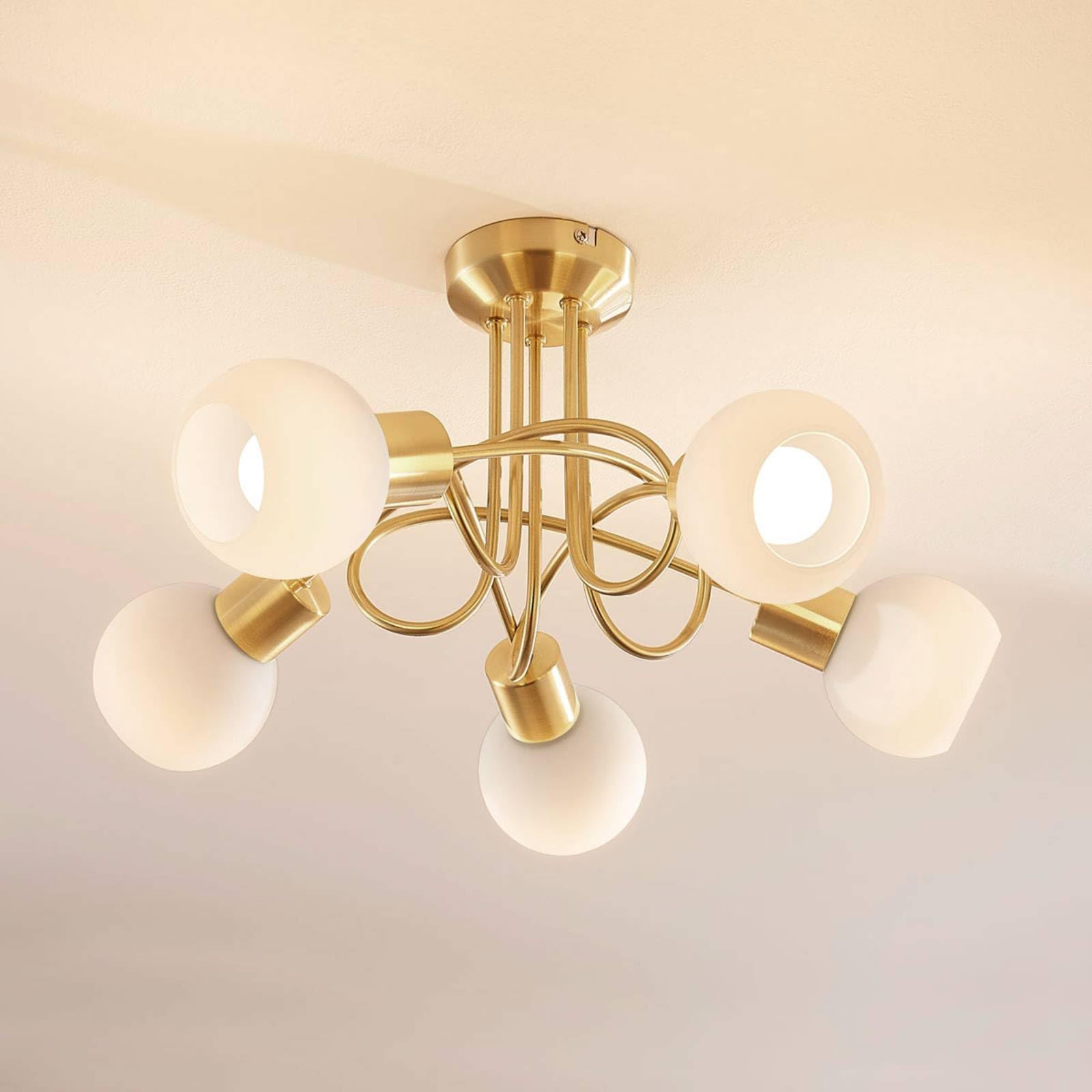 Lindby plafondlamp Elaina, 54cm, 5-lamps, nikkel, glas, E14