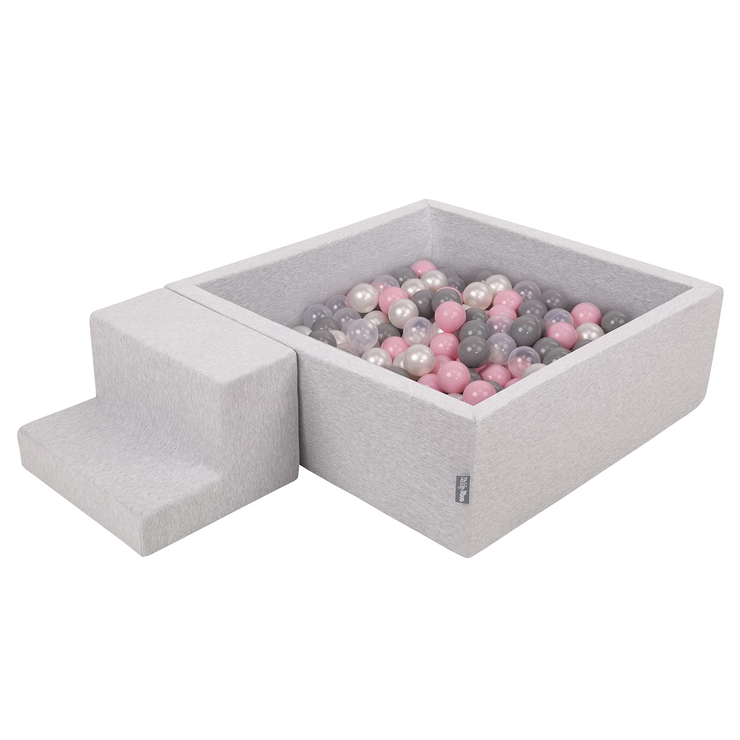 KiddyMoon Foam Playground For Kids With Square Ballpit (200 Balls ∅ 7Cm/2.75In) Soft Obstacles Course And Ball Pool, Made In The EU, Lightgrey:Pearl/Grey/Transparent/Powderpink