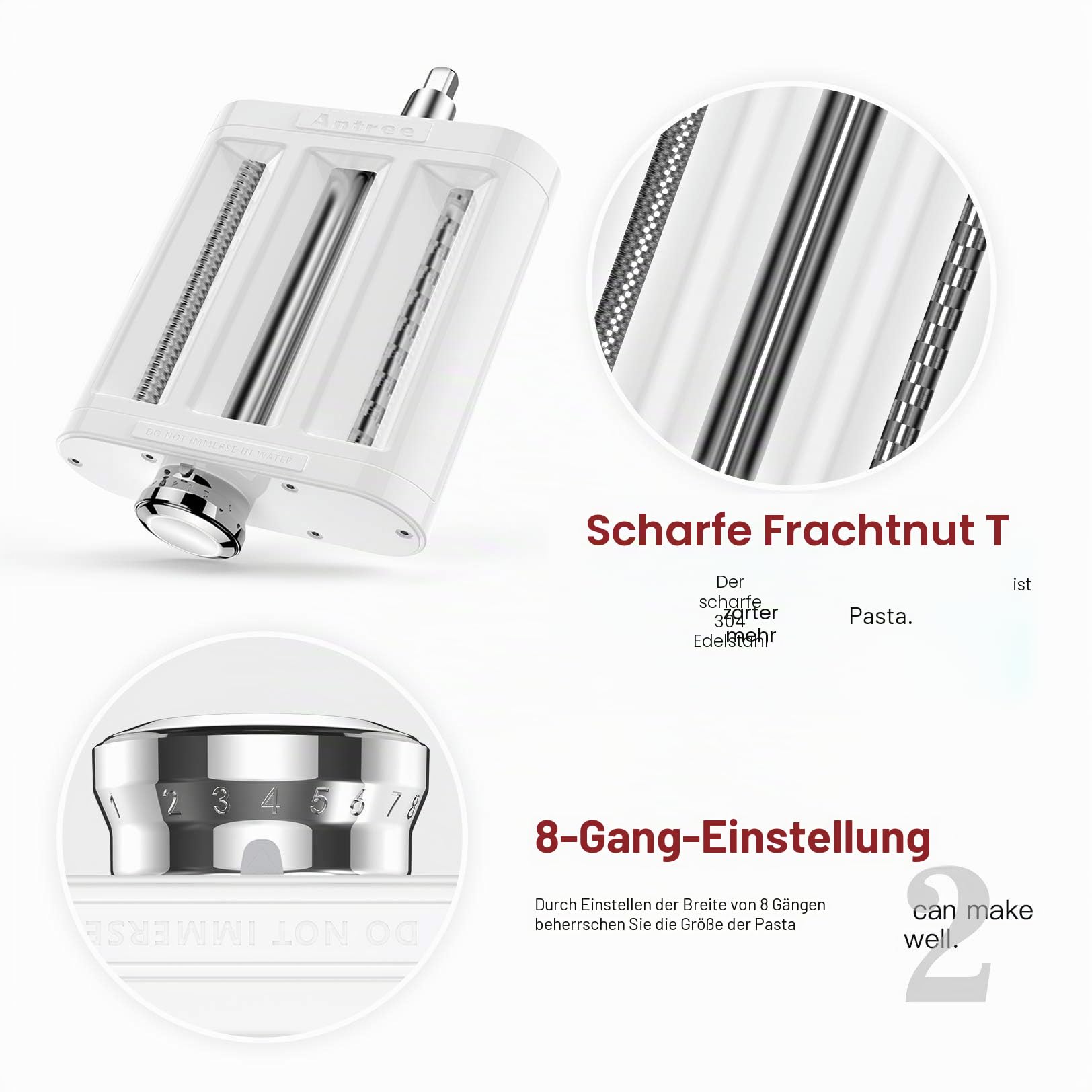 Antree 3-in-1 Roller- und Schneide-Aufsatz-Set für KitchenAid Standmixer, inklusive Nudelblech-Roller, Spaghetti, Fettuccine Cutter Maker, Zubehör und Reinigungsbürste und Pasta Trockengestell