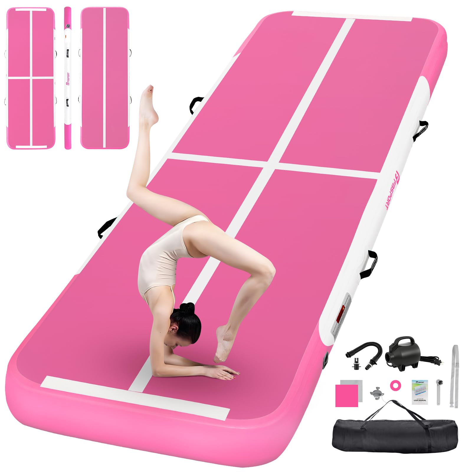 FBSPORT Airtrack Matte, 20cm Hoch Verdicken 3M Tumbling Matte,Gymnastikmatte mit Luftpumpe,Trainingsmatte mit Tragetasche,Turnmatte für Zuhause, Outdoor,Yoga