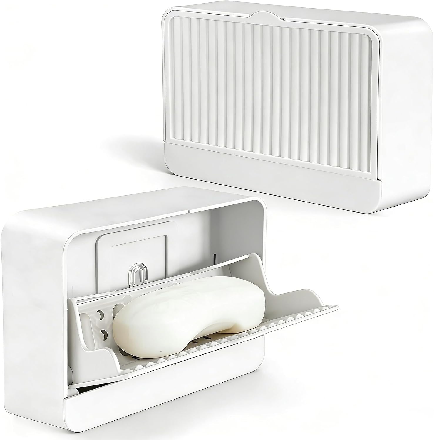 Wall‑Mounted Soap Dish Holder with Self‑Adhesive Wall Hooks, Removable Drain Tray for Draining Water, Keeps Soap Dry, Space Saver for Bathroom Shower Sink Kitchen (1-Pack White-Single Compartment)