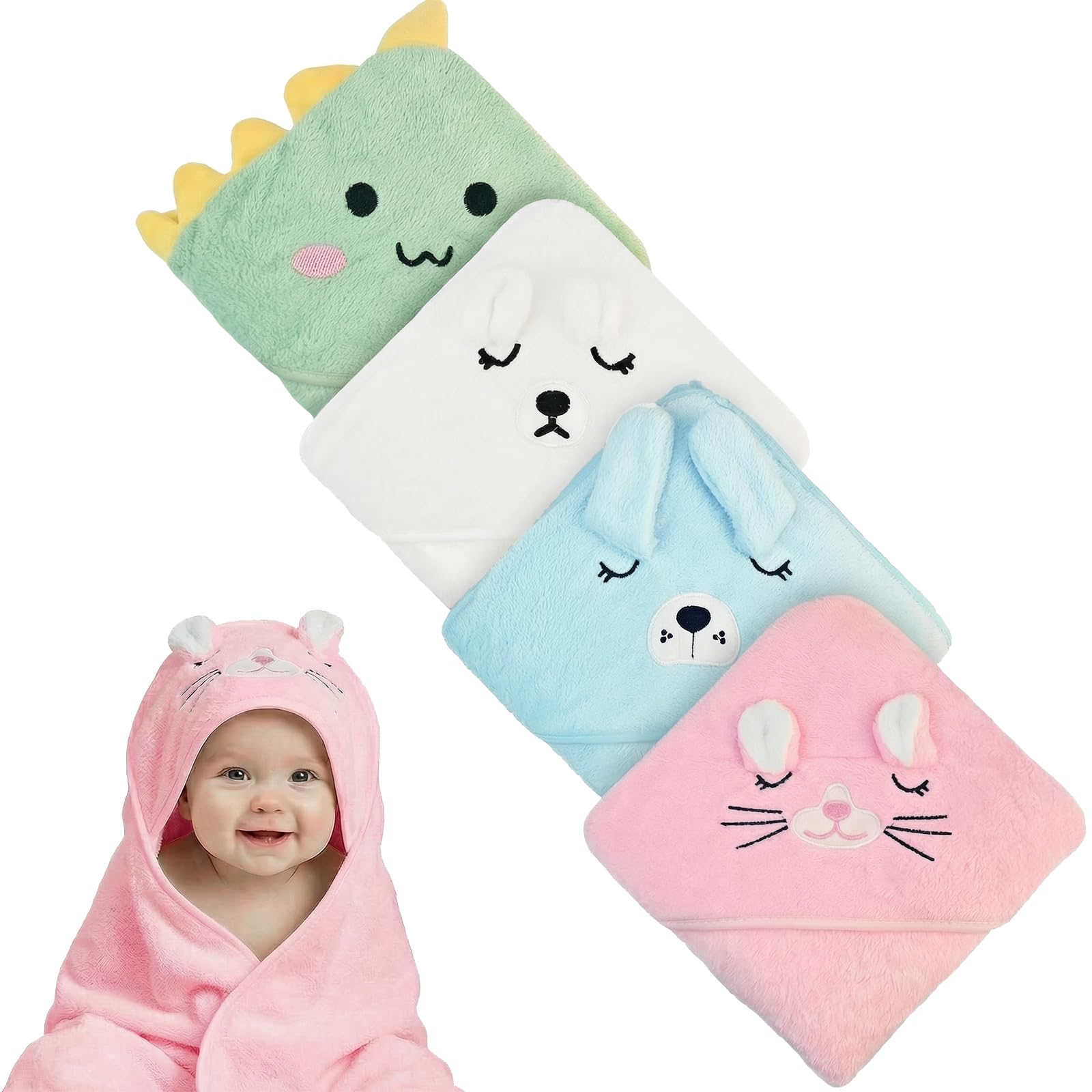 CECOMBINE 4 Pcs Hooded Baby Towel, 80x80cm Baby Bath Towels with Hood, Ultra-Soft Absorbent Unique Animal Design Bath Towel for Newborn, Infant, Boys and Girls(Pink, White, Green, Blue)