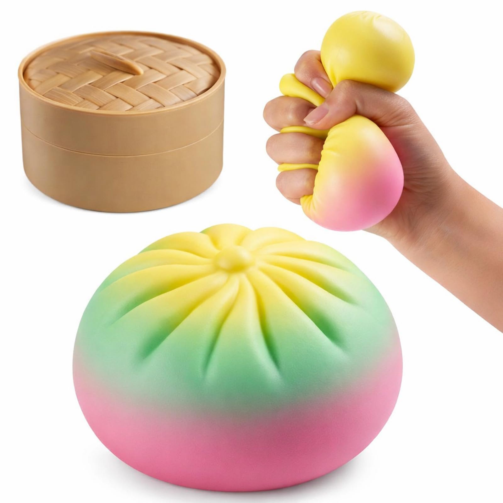 Glitter D𝐮m𝐩ling 𝐒𝐪u𝐢𝐬h𝐲 Toy with Steamer Box, S𝐥o𝐰 𝐑i𝐬ing 𝐒o𝐟t S𝐪𝐮e𝐞z𝐞 Ball 𝐒en𝐬𝐨r𝐲 𝐅𝐢d𝐠𝐞t Toy, Cute 𝐁a𝐨 𝐁u𝐧 C𝐚l𝐦ing 𝐅idg𝐞𝐭 Gift (Yellow-Green-Pink Gradient)
