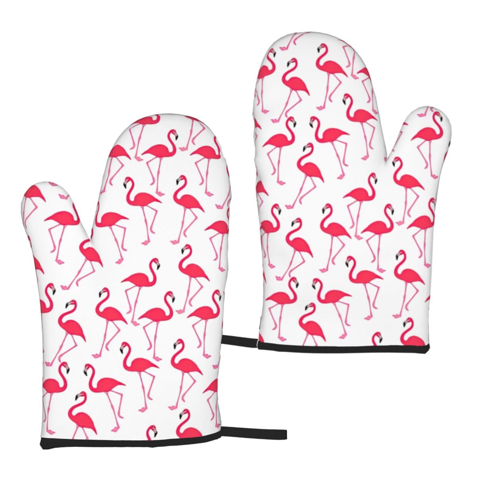 Nimongt Women's Black Pink Flamingo Pattern Print Adults Universal Fit Heat Resistant Oven Gloves Reusable Cooking Outdoor Grilling