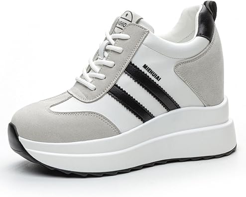 Platform Sneakers for Women High Hidden Heel Wedge Sneakers Fashion Leather Chunky Lace up Wedge Tennis Shoes Increasing 3.94 inch