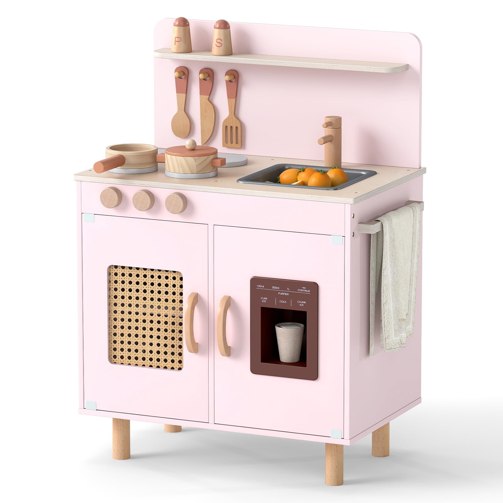 COSTWAY Kids Play Kitchen, Wooden Pretend Toy Kitchen Playset with Realistic Ice Maker, Stove, Water Sink & Accessories, Children's Chef Role Play Set for 3+ Years Old Boys Girls (Pink)