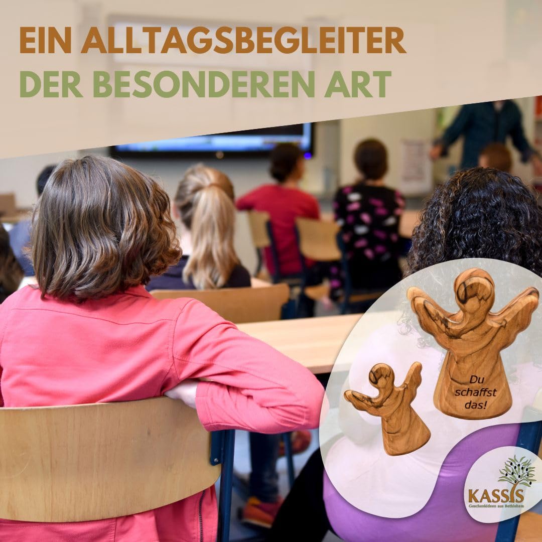 Kassis Geschenkartikel Olivenholz-Schutzengel - Handgefertigte Engel-Figur aus Bethlehem - Schutzengel-Glücksbringer - (Du schaffst das) - (1 Stück)
