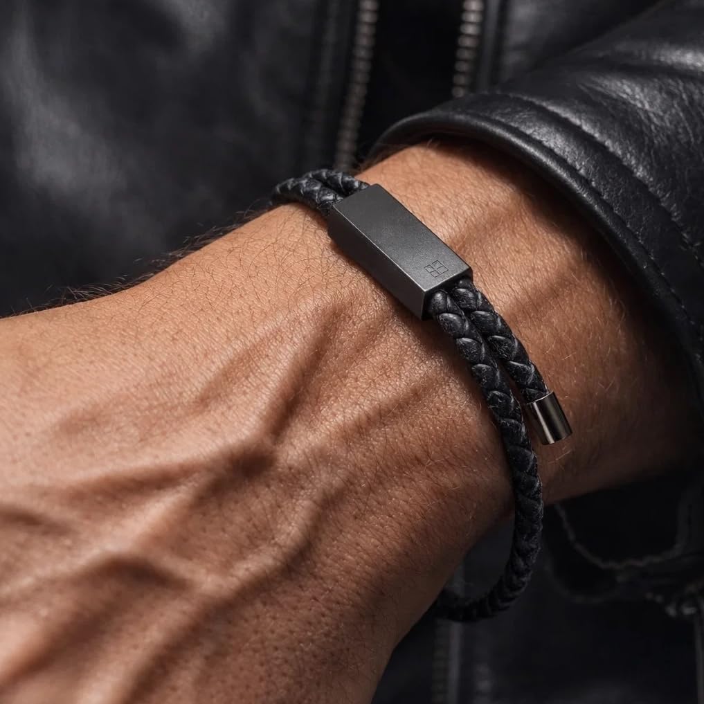 Forge & Foundry - Bracelet réglable en cuir noir pour homme - Avec curseur en acier inoxydable noir mat