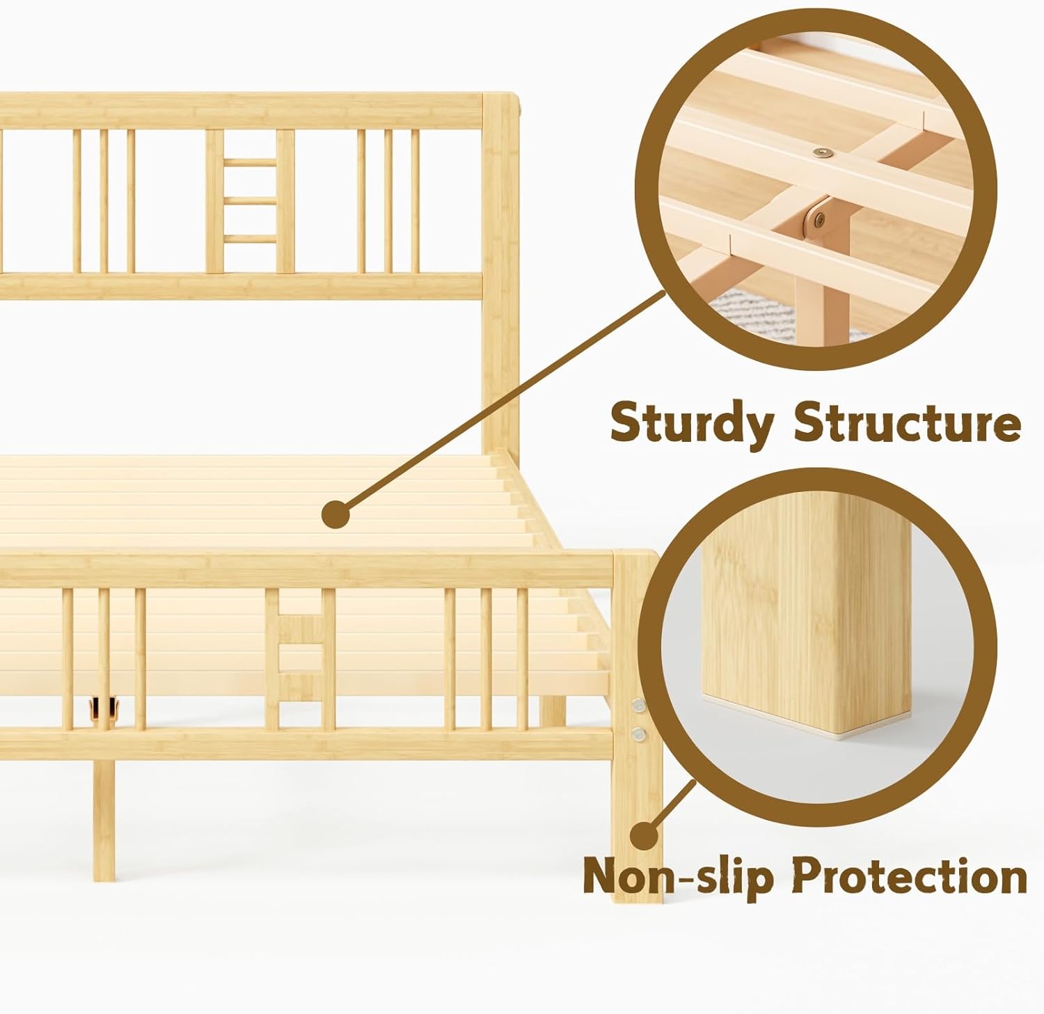 14 Inch High Bamboo Queen Bed Frame with Headboard and Footboard, Wood Bed Frame Queen Size Metal Slat Support Heavy Duty, No Box Spring Needed, Easy Assembly, Noise Free, Reinforced