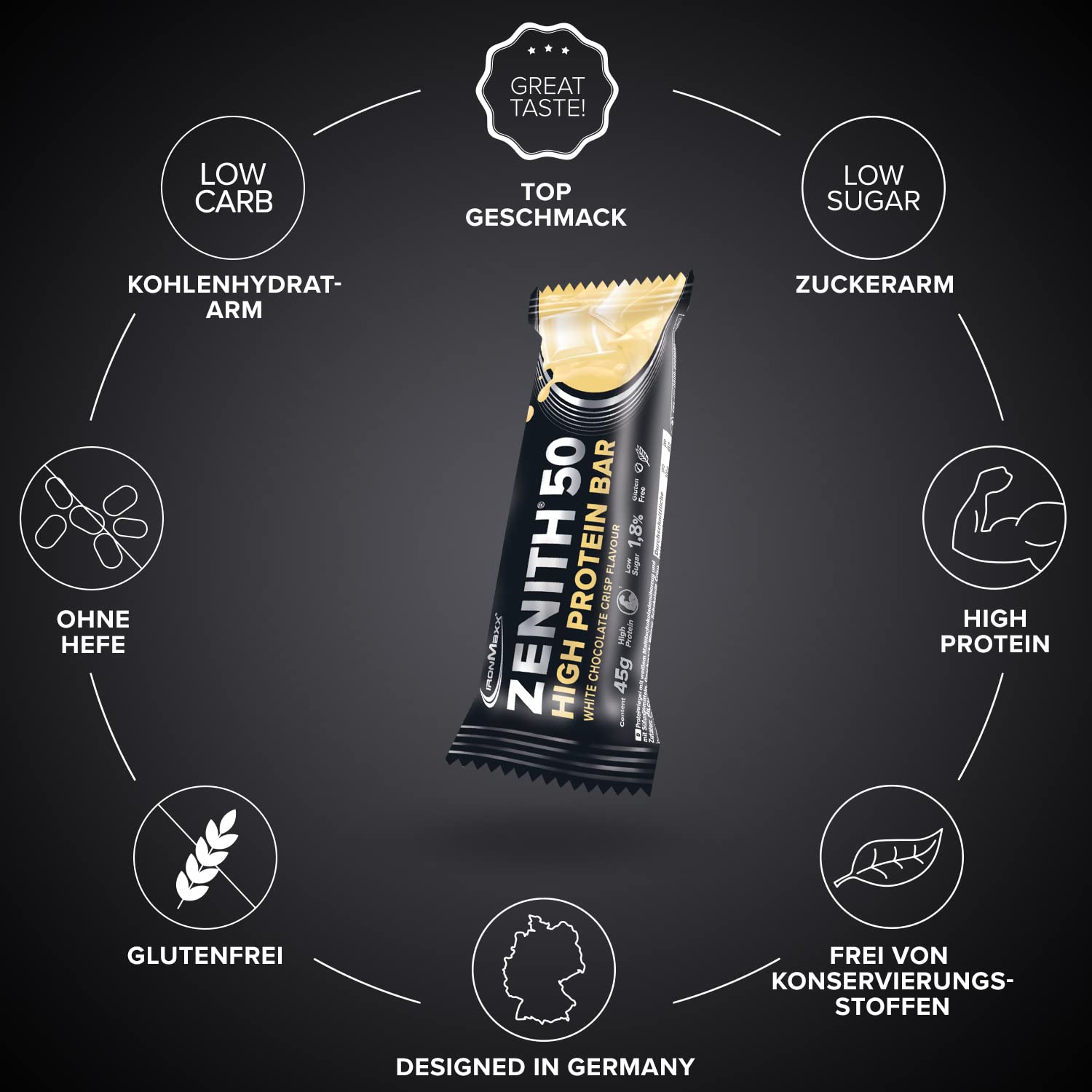 IronMaxx Zenith 50 High Protein Bar - White Chocolate Crisp - 16x45g | Eiweißriegel mit 50% Protein | Low Sugar Snack mit cremiger Umhüllung | High Proteinriegel für Muskelaufbau, Diät & Fitness