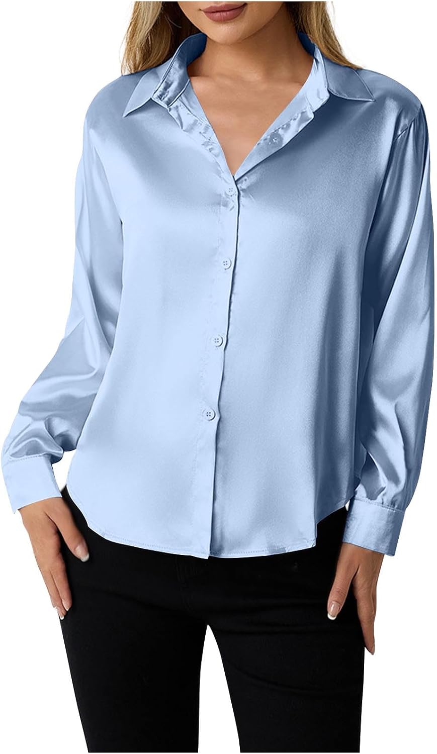 Women's Satin Button Down Shirts V-Neck Long Sleeve Tops Summer Business Office Blouses Casual Fashion Fall Shirt