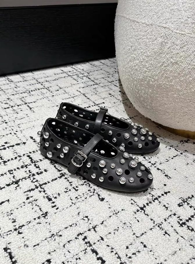 Ballet Flats for Women Mary Jane Shoes Genuine Leather Comfortable Lightweight Flat Hollow Out Metal Pearl Round Stud Rivets for Everyday Wear2