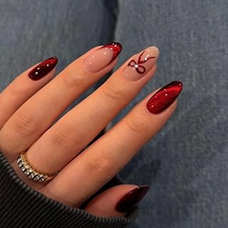 24Pcs Almond Press on Nails Medium Red Fake Nails with 3D Rhinestones Bow Designs French Tip Acrylic Nails Glossy Elegant Red Stick on False Nails for Women DIY Manicure Decorations