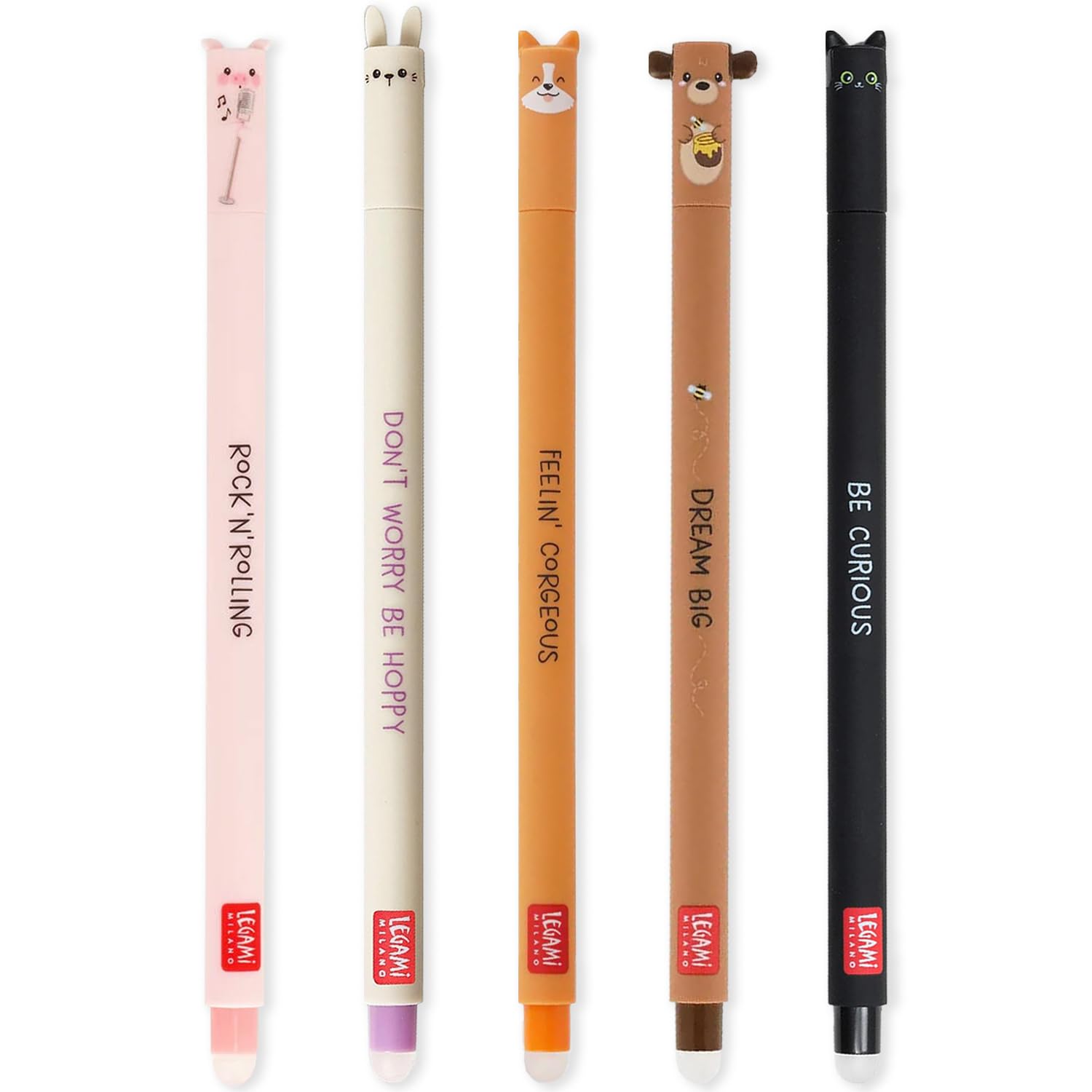 LEGAMI - Set of 5 Erasable Gel Pens with Thermosensitive Erase Ink, Range of ink colours & barrel designs, 0.7mm Tip, Pig, Bunny, Corgi, Teddy Bear, Cat