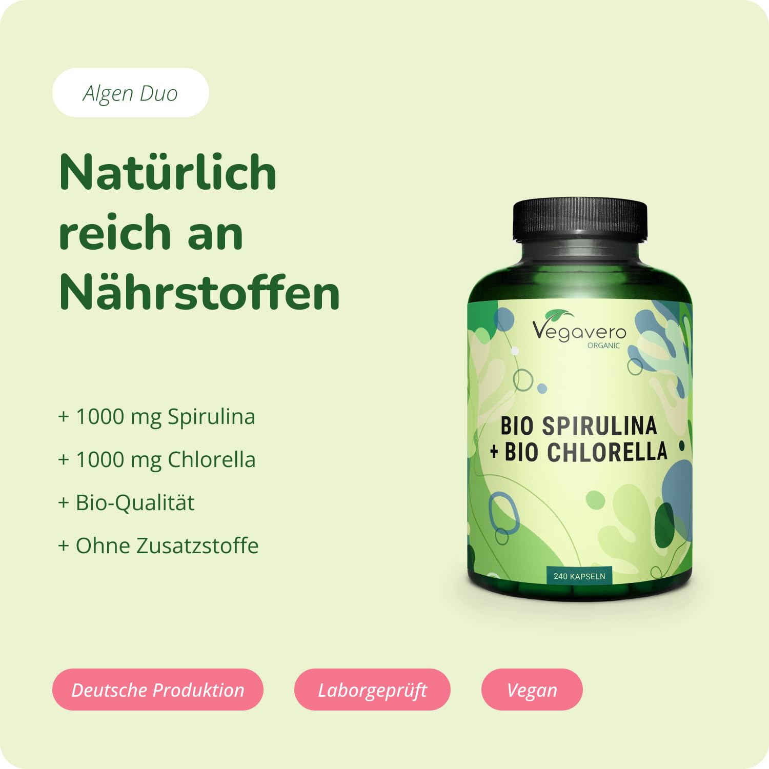 Bio Spirulina Chlorella Vegavero | Hochdosiert: 2000 mg Pulver | 240 Kapseln | Laborgeprüft | Vegan & Ohne Zusätze