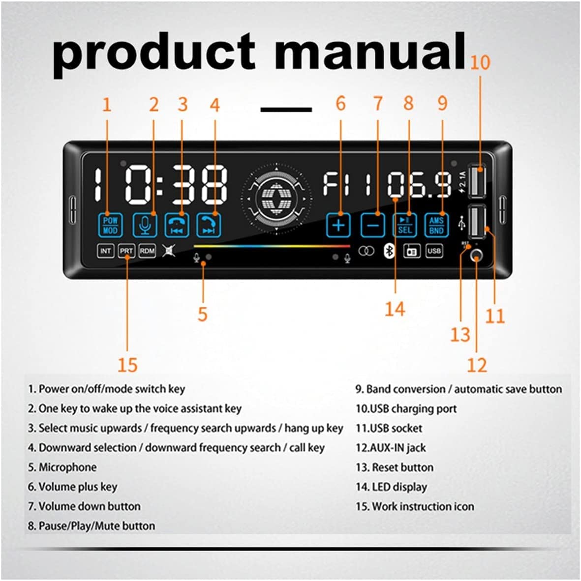 Radio samochodowe 1 DIN Radio samochodowe stereo Zdalny kontrakt Multiple EQ MP3/WMA/WAV Odtwarzacz 12V MP3 FM/SD/USB/AUX Bluetooth Audio Stereo