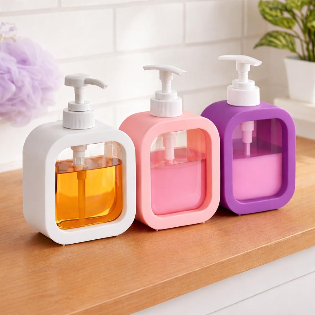 HomeWiz Soap Dispenser 300ml Each |Pack of 3|Handwash Dispenser Bottle for Kitchen & Bathroom|Soap Dispenser For Wash Basin|Refillable, Clear Body, Rust-Free Pump, for Handwash & Dishwash| Multi-Color
