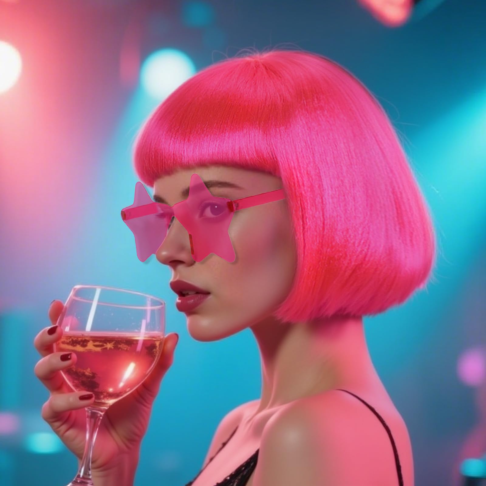 BEKIDER Hot Pink Bob Wig (1 Pair of Glasses+ 1 Hair Cap) Colored Wigs Party Outfit Colorful Bob Wig with Bangs Funny Wigs Mardi Gras Costume Hot Pink Synthetic Hair for Halloween - Image 4