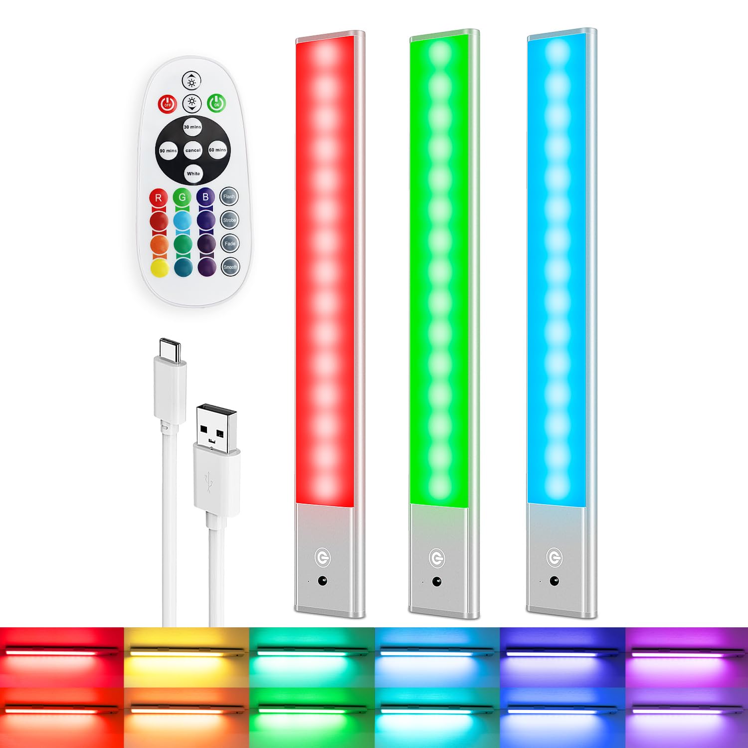 Rechargeable Under Cabinet Lighting Wireless, Under Counter Lights for Kitchen Closet Bedroom Wardrobe Stairs Hallway 79 LED 15 Color Temps Dimmable RGB Lights Bar with Remote 3 Pack