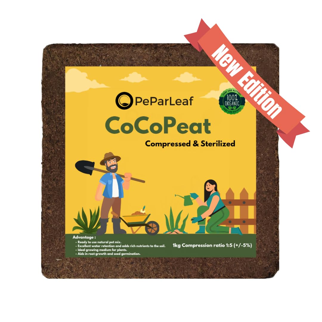 PeParLeaf - Cocopeat 1kg Block (Expands Upto 20-25 liters OR 3 KG Cocopeat Powder) | Organic Fertiliser for Home Gardening and Potted Plants | Natural Coconut Coir Fibres